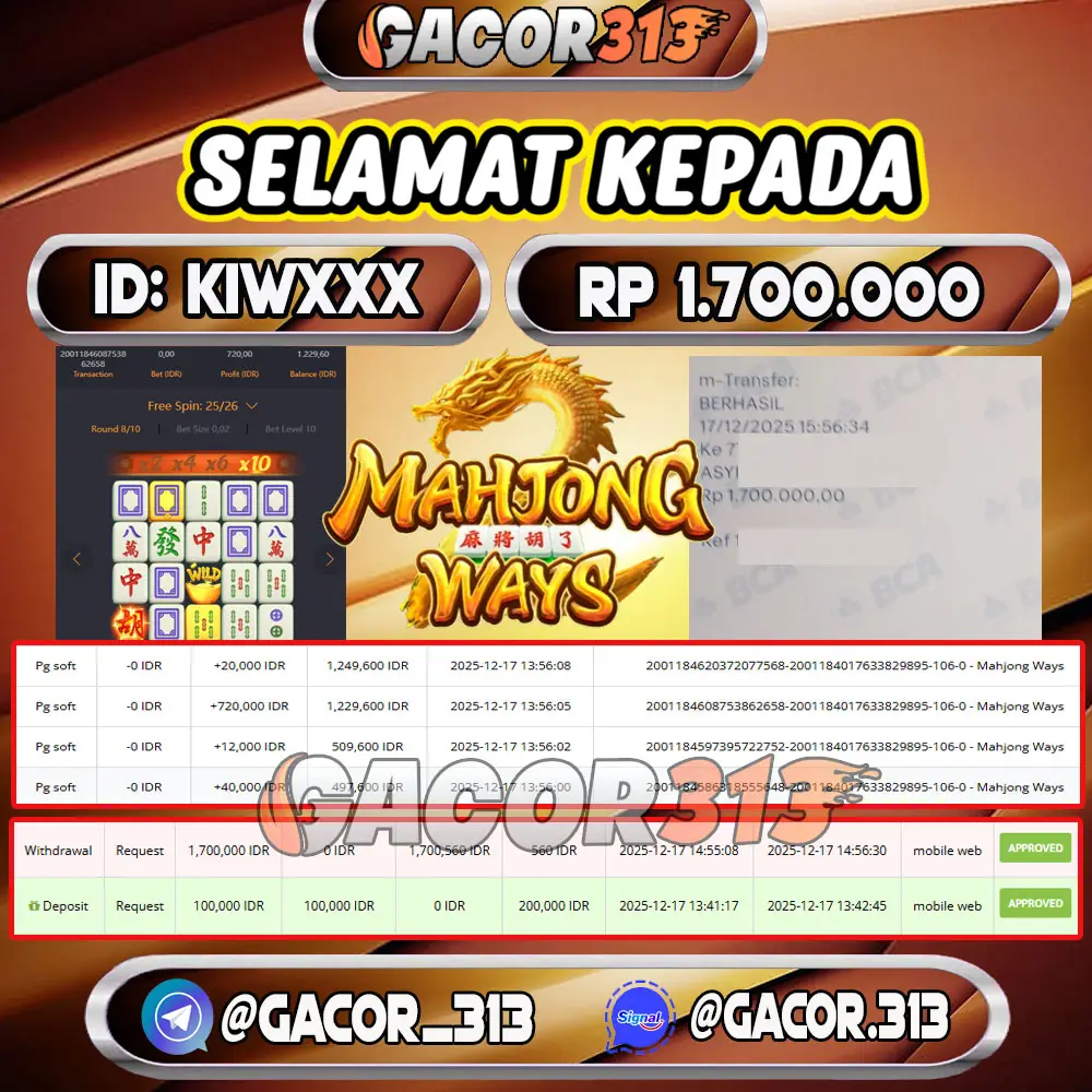 Pemenang jackpot slot games Mahjong Ways senilai Rp 1.700.000 di situs GACOR313