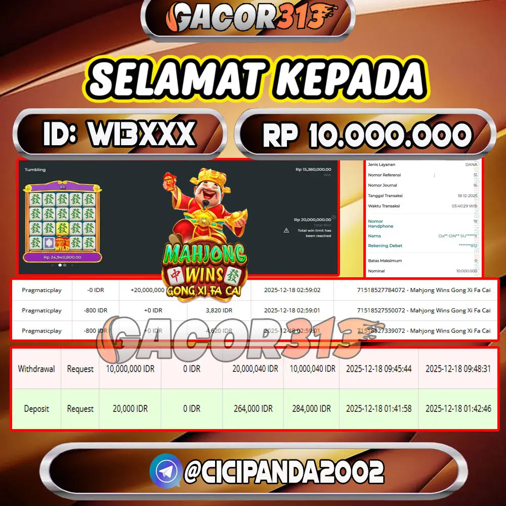 Pemenang jackpot slot games Mahjong Wins Gong Xi Fa Cai senilai Rp 10.000.000 di situs GACOR313