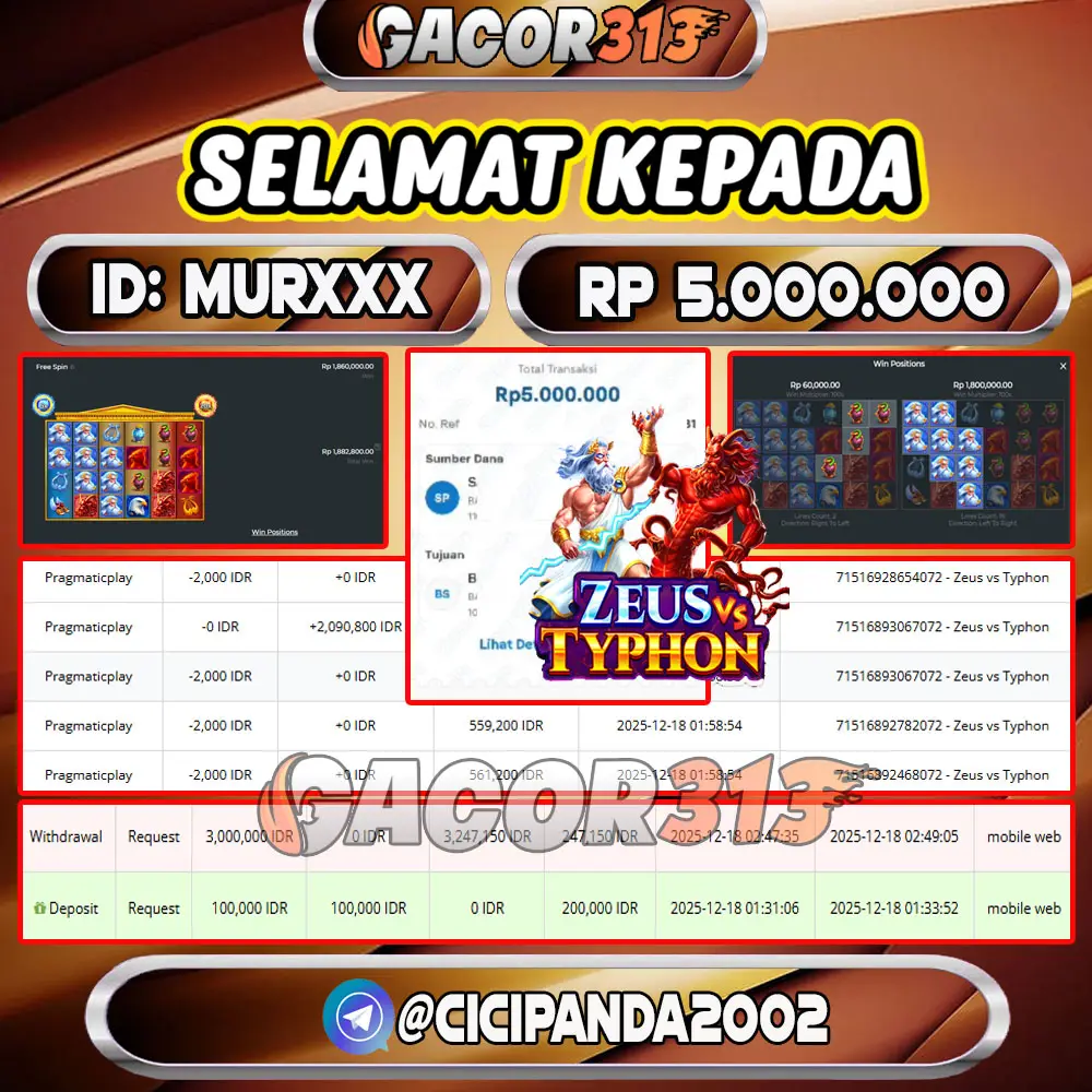 Pemenang jackpot slot games Zeus vs Typhon senilai Rp 5.000.000 di situs GACOR313