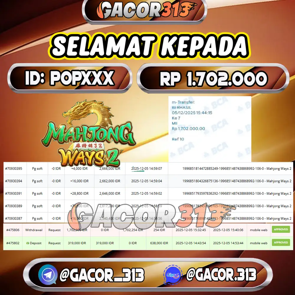 Pemenang jackpot slot games Mahjong Ways 2 senilai Rp 1.702.000 di situs GACOR313