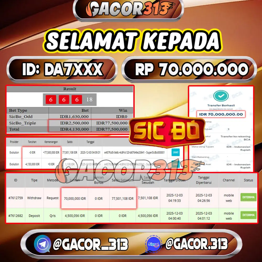 Pemenang jackpot kasino online Sic Bo senilai Rp 70.000.000 di situs GACOR313