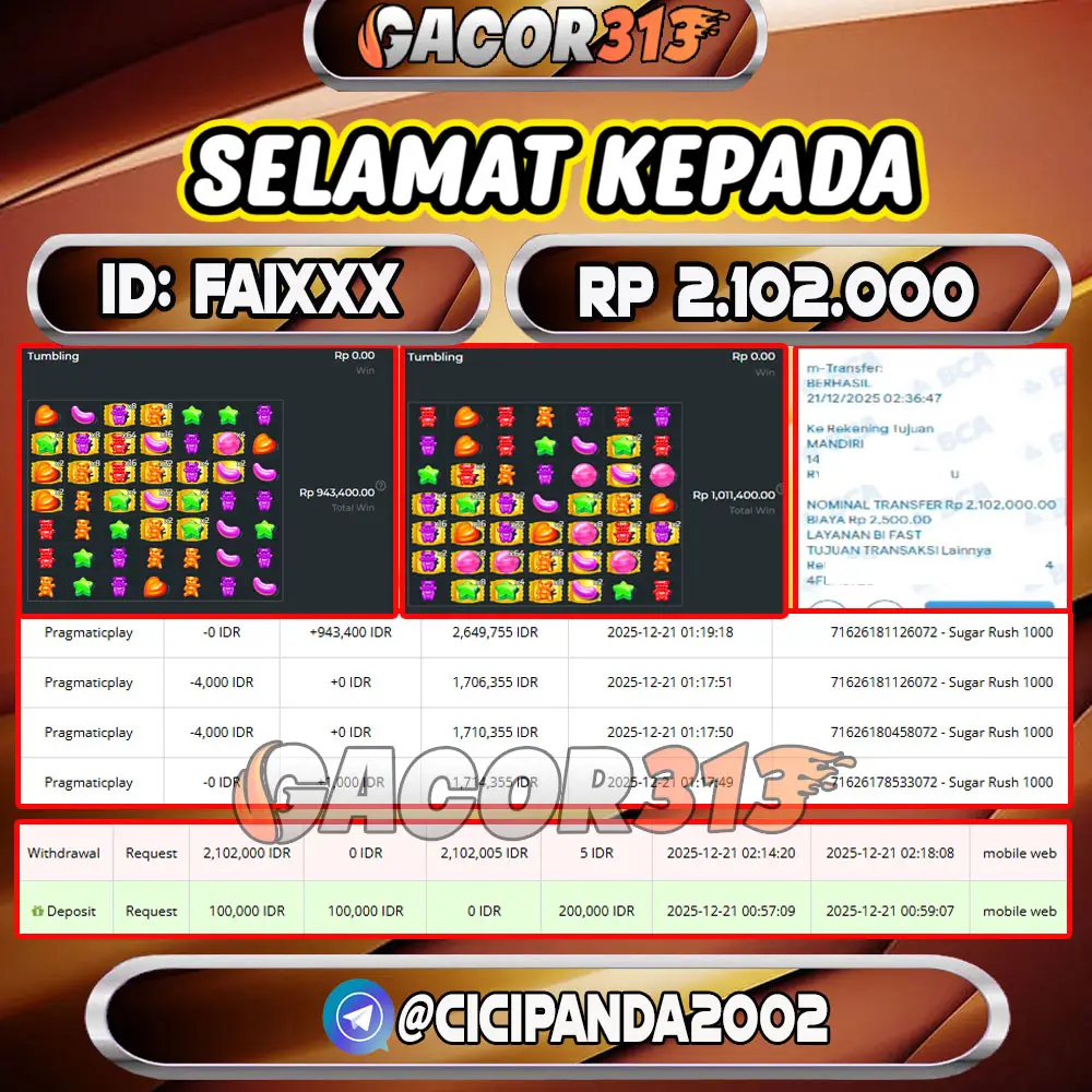 Pemenang jackpot slot games Sugar Rush 1000 senilai Rp 2.102.000 di situs GACOR313