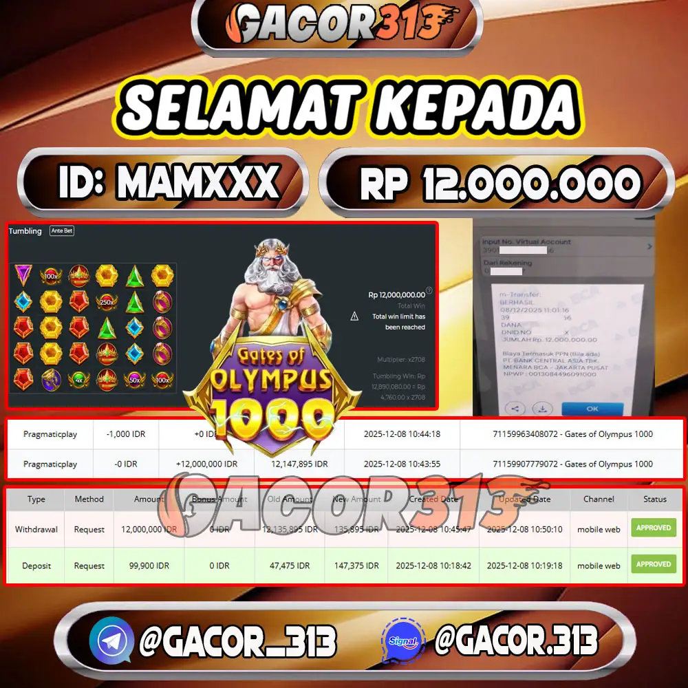 Pemenang jackpot slot games Gates of Olympus 1000 senilai Rp 12.000.000 di situs GACOR313