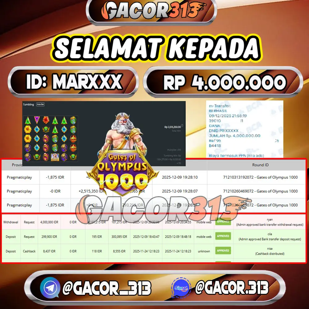 Pemenang jackpot slot games Gates of Olympus 1000 senilai Rp 4.000.000 di situs GACOR313