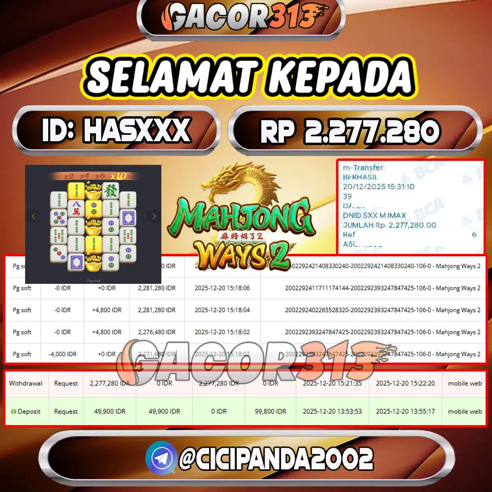 Pemenang jackpot slot games Mahjong Ways 2 senilai Rp 2.277.280 di situs GACOR313