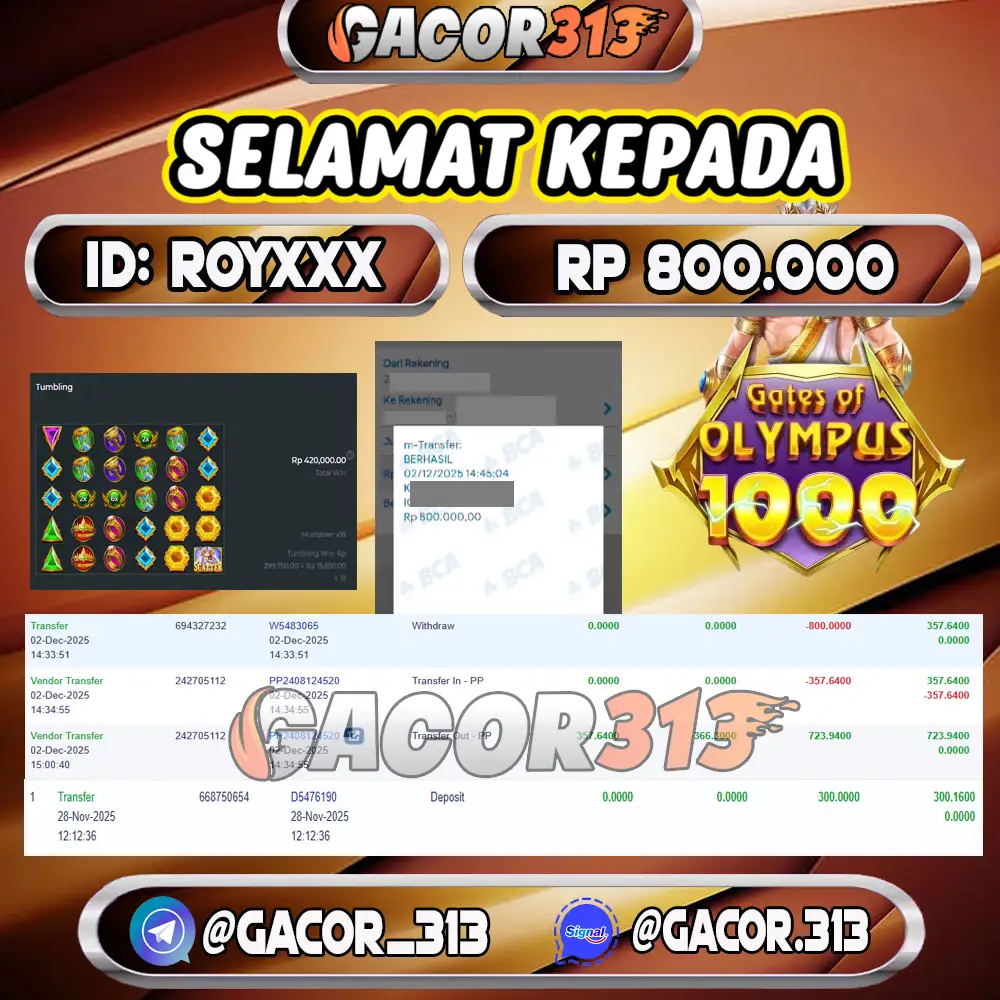 Pemenang jackpot slot games Gates of Olympus 1000 senilai Rp 800.000 di situs GACOR313