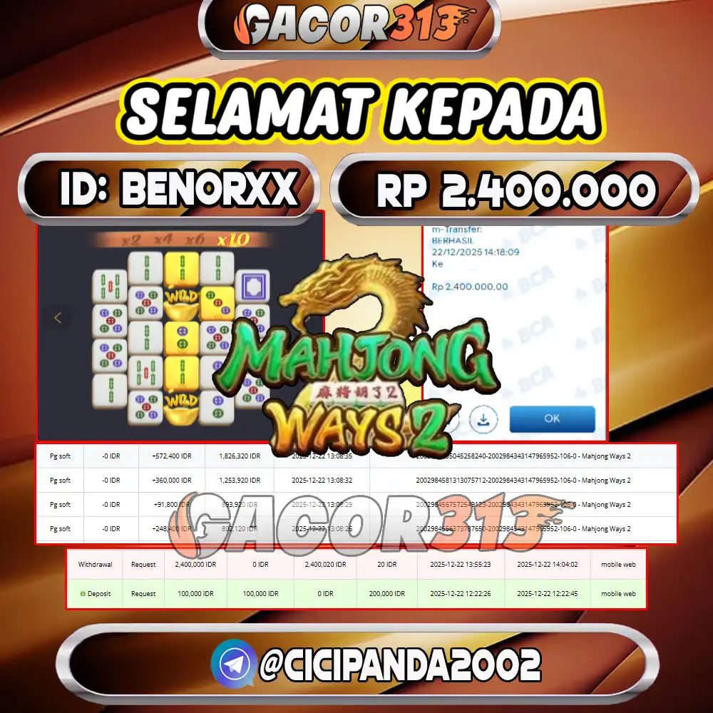 Pemenang jackpot slot games Mahjong Wins 2 senilai Rp 2.400.000 di situs GACOR313