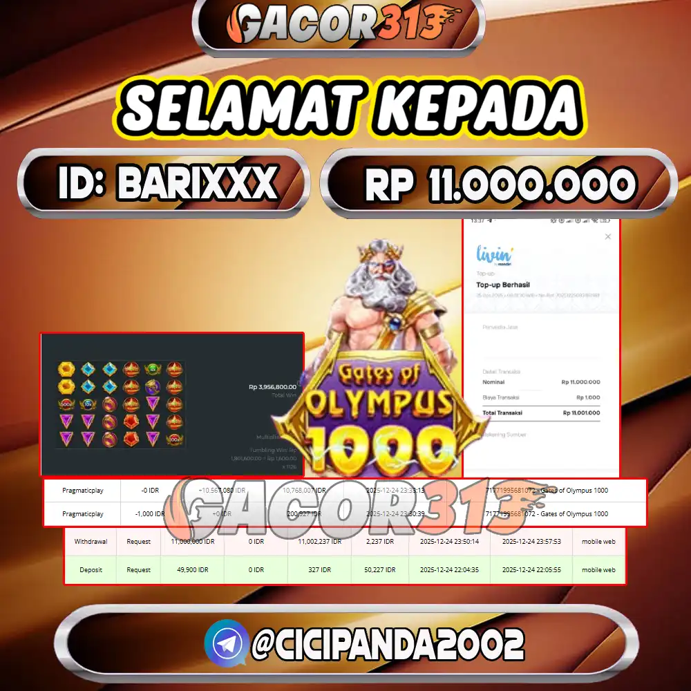 Pemenang Jackpot Slot Games Pragmatic Gates Of Olympus 1000 senilai Rp 11.000.000 di situs GACOR313