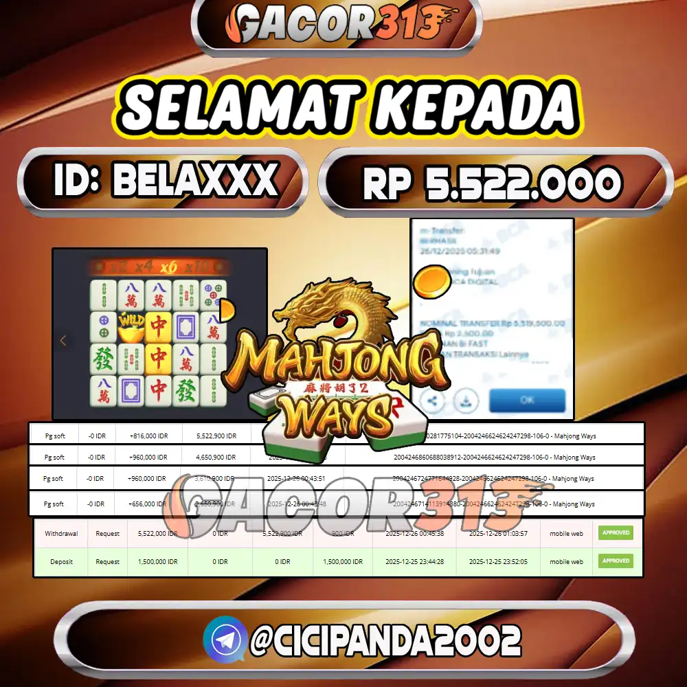 Pemenang Jackpot Slot Games PG Soft Mahjong Ways senilai Rp 5.522.000 di situs GACOR313