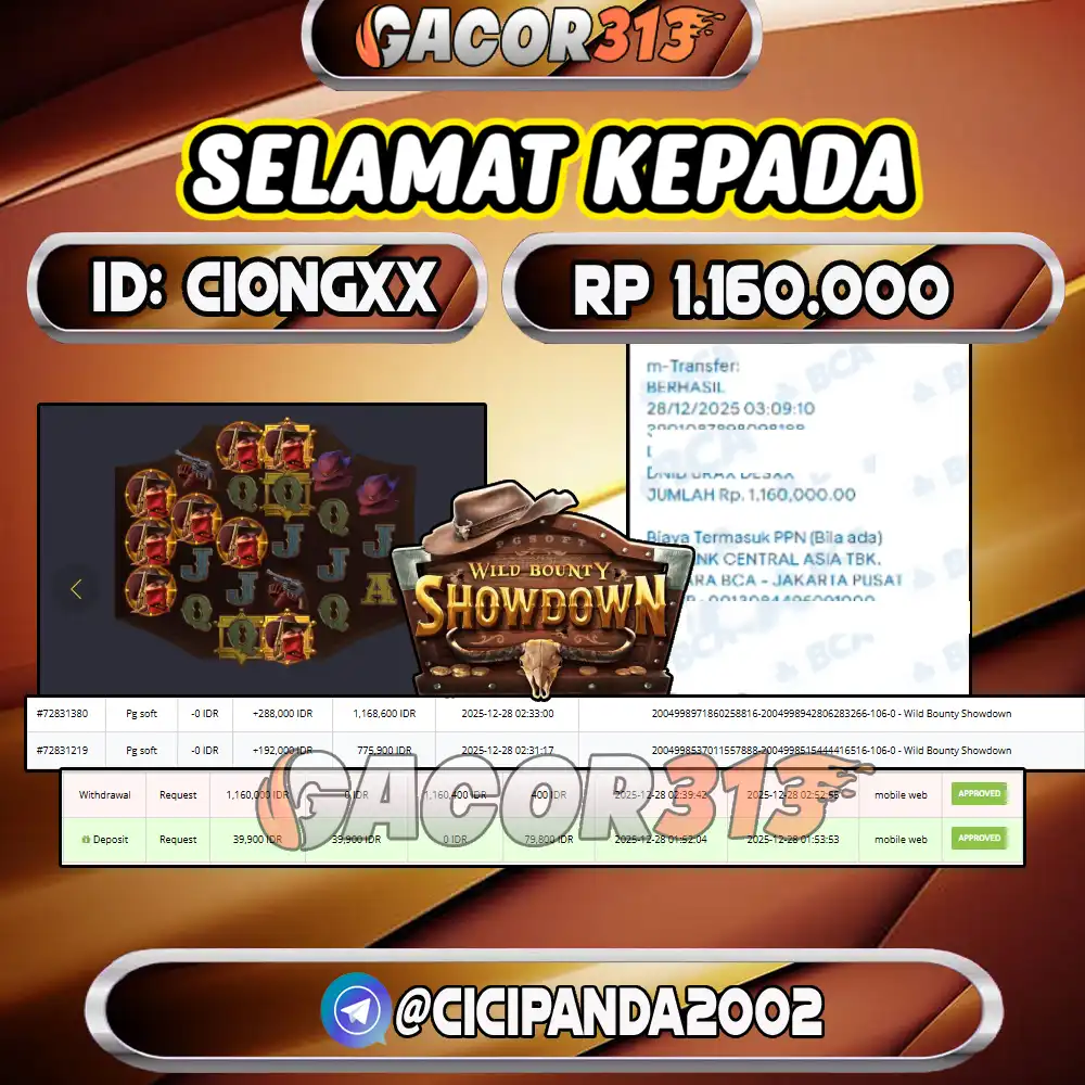 Pemenang Jackpot Slot Games PG Soft Wild Bounty Showdown senilai Rp 1.160.000 di situs GACOR313