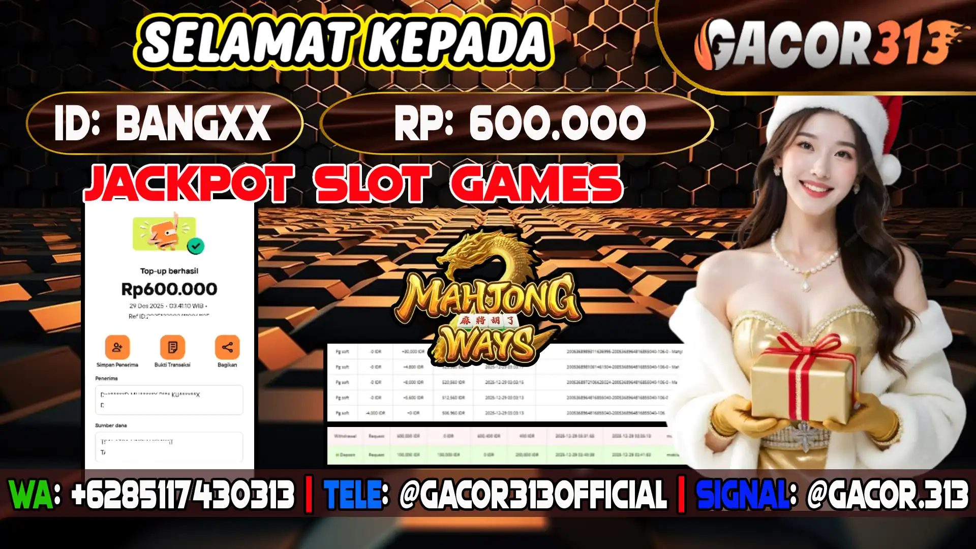 Pemenang Jackpot Slot Games PG Soft Mahjong Ways senilai Rp 600.000 di situs GACOR313