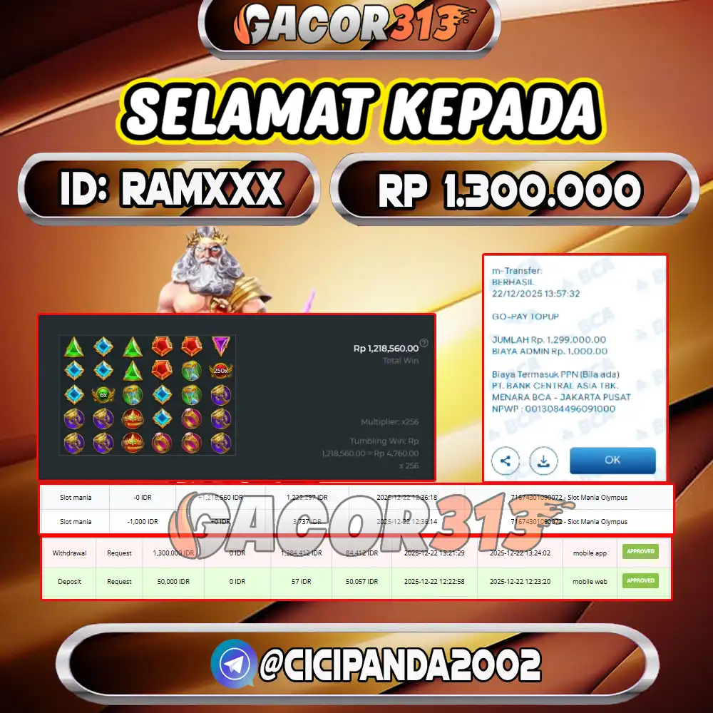 Pemenang Jackpot Slot Games Pragmatic Play Slot Mania senilai Rp 1.300.000 di situs GACOR313
