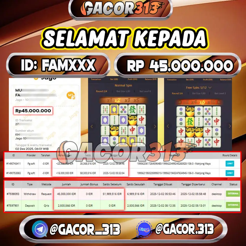 Pemenang jackpot slot games Mahjong Ways senilai Rp 45.000.000 di situs GACOR313